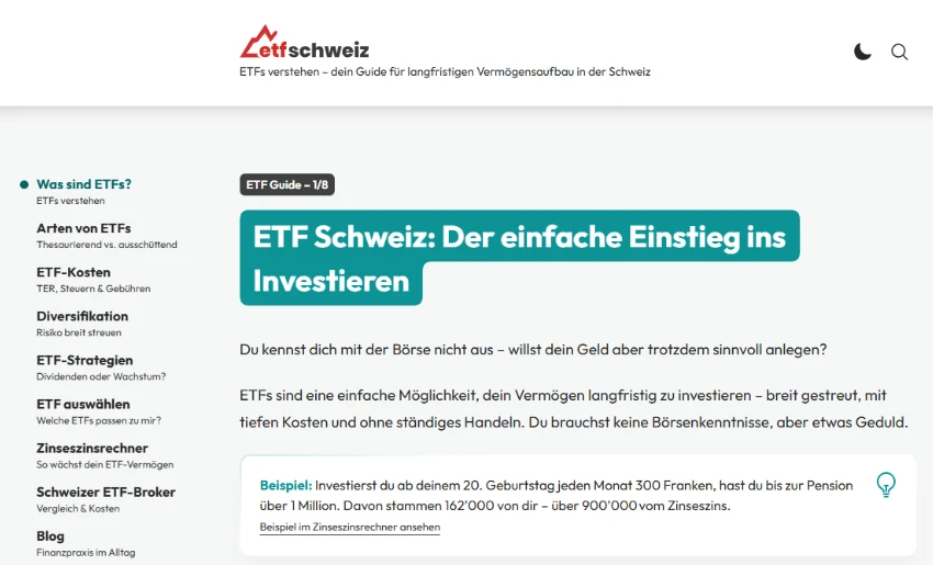 Screenshot Webauftritt ETFSchweiz.ch